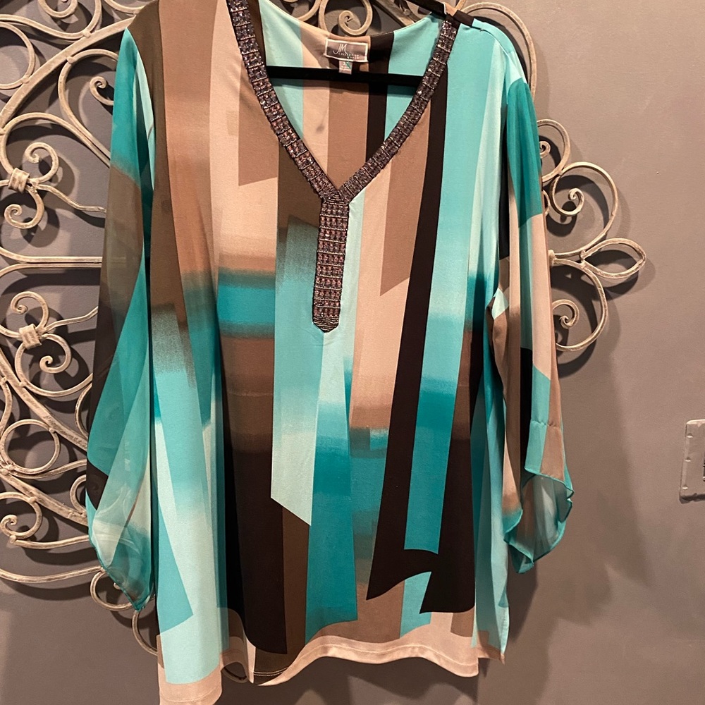 Womens plus JM slinky knit turquoise tunic sequin sheer sleeve Sz 3x